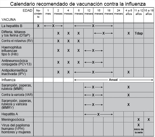 Calendario recomendado de vacunación contra la influenza
