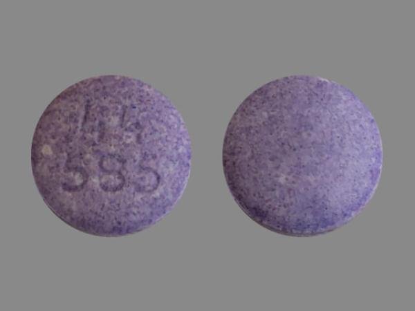 Pill 44 585 Purple Round is Diphenhydramine Hydrochloride (Chewable)