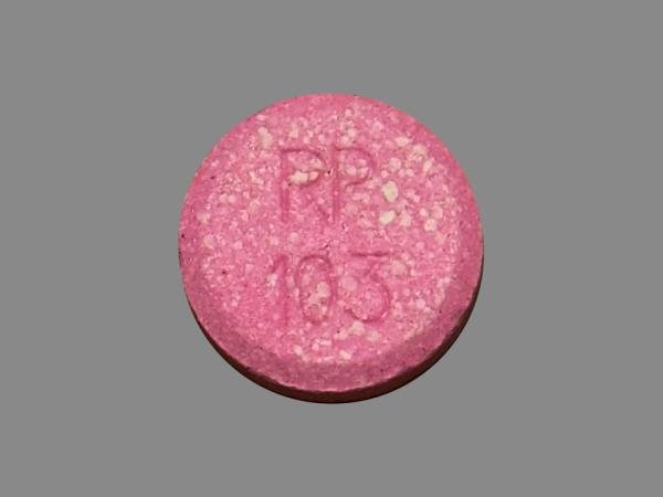 Pill RP 103 Pink Round is Ultra Strength Antacid (Tropical Fruit)