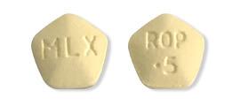 Pill MLX ROP .5 Yellow Five-sided is Ropinirole Hydrochloride