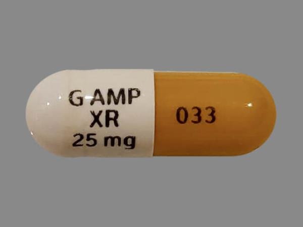 Pill G AMP XR 25 mg 033 Gold & White Capsule/Oblong is Amphetamine and Dextroamphetamine Extended Release