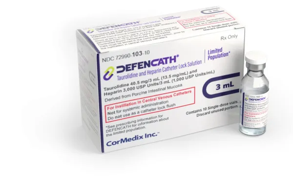 Defencath taurolidine 40.5 mg/3 mL and heparin 3,000 USP Units/3 mL catheter lock solution medicine