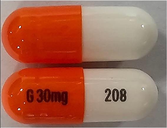 G 30mg 208 Pill Orange & White Capsule/Oblong Pill Identifier