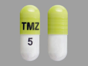 Pill TMZ 5 Green & White Capsule/Oblong is Temozolomide
