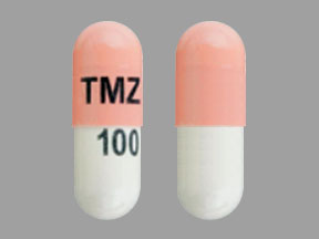 Pill TMZ 100 Pink & White Capsule/Oblong is Temozolomide