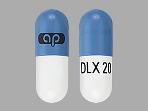 Pill ap DLX20 Blue & White Capsule/Oblong is Duloxetine Hydrochloride Delayed-Release