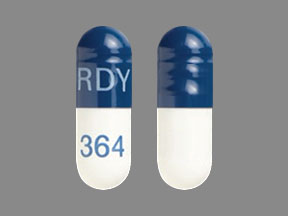Pill RDY 364 Blue & White Capsule/Oblong is Omeprazole and Sodium Bicarbonate