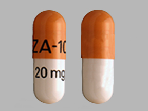 ZA 10 20 mg Pill Images (Tan &amp; White / Capsule-shape)
