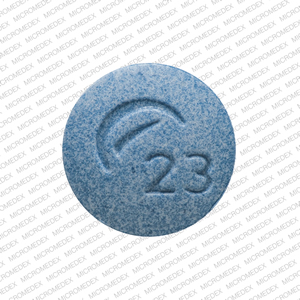Pill Logo (Actavis) 23 Blue Round is Amphetamine and Dextroamphetamine