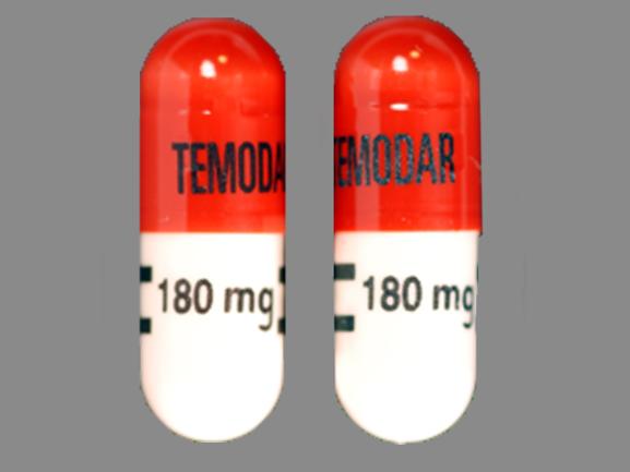 Pill TEMODAR 180 mg Logo Orange & White Capsule/Oblong is Temodar
