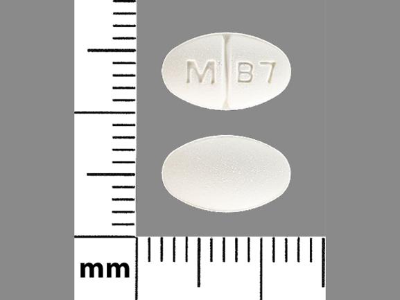 Pill M B7 White Oval is Buspirone Hydrochloride