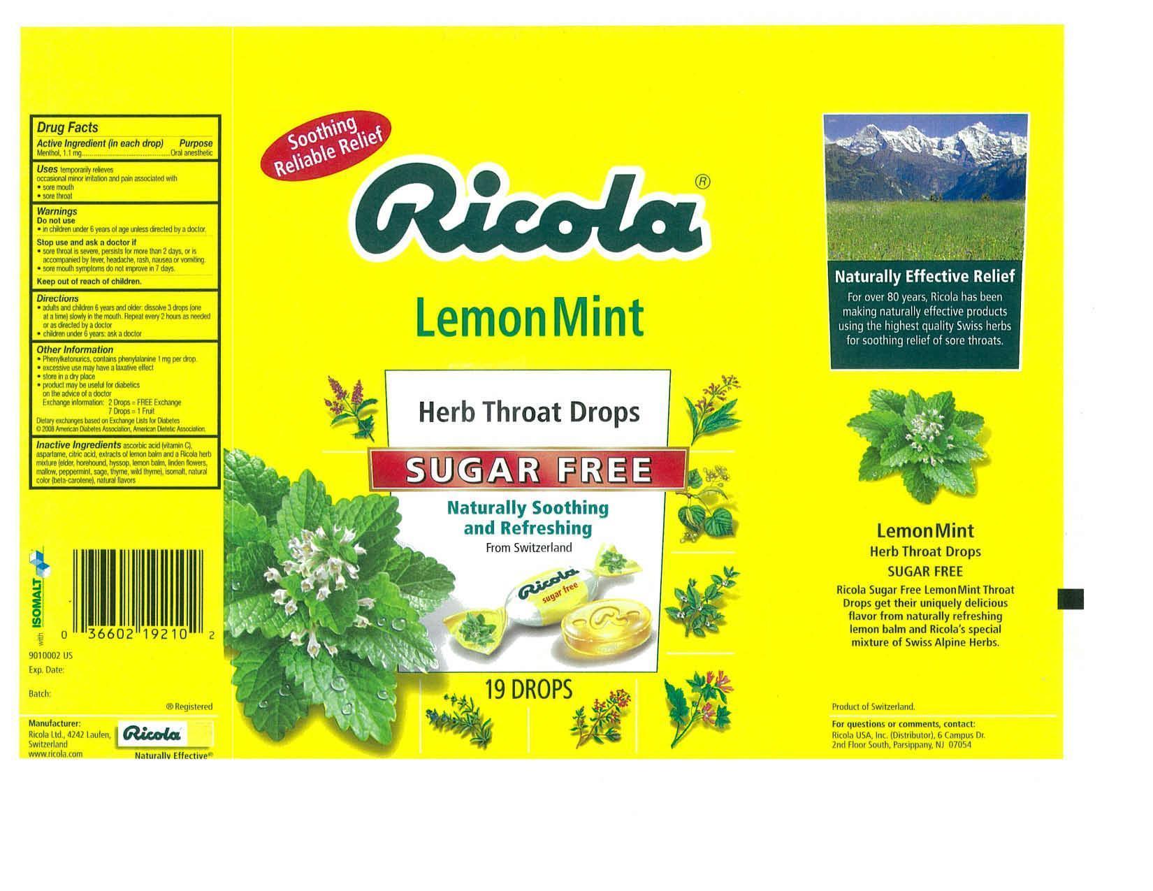 SUGAR FREE LEMON MINT HERB THROAT DROPS (lozenge) Ricola Ag