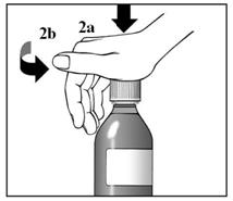 1. Remove the dosing cup from the cap.
2. Press down and turn the child-resistant cap at the same time, to open the bottle.  See Figure 2a and 2b.
