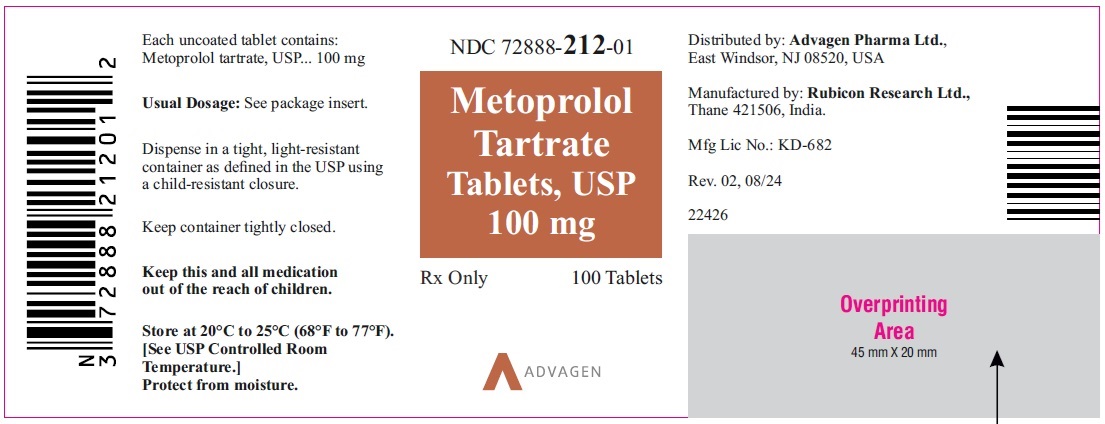 Metoprolol Tartrate Tablets, USP 100 mg - NDC 72888-212-01 - 1000s Bottle Label