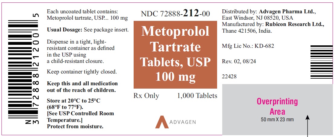 Metoprolol Tartrate Tablets, USP 100 mg - NDC 72888-212-00- 1000s Bottle Label