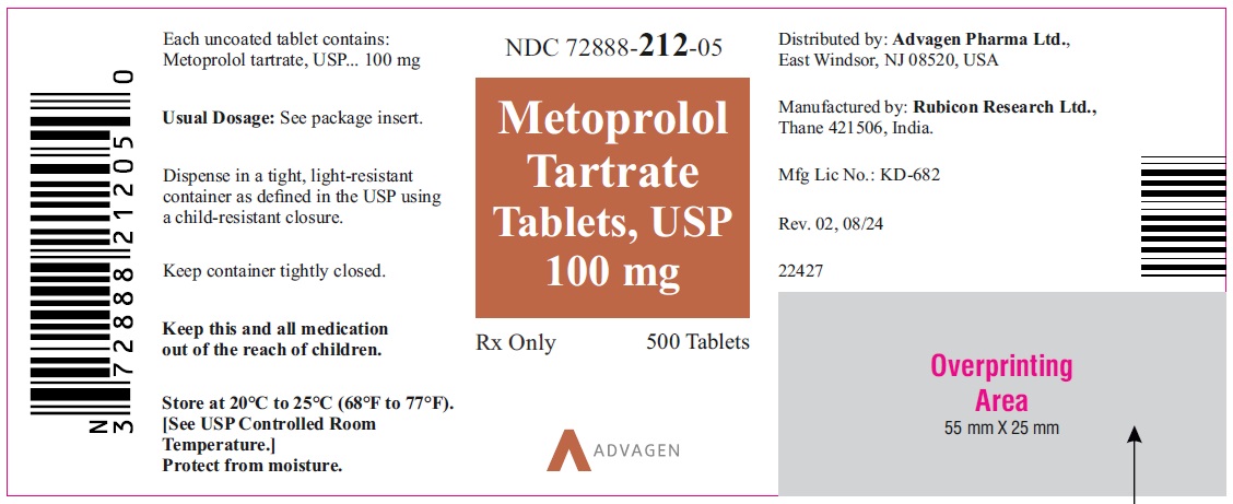 Metoprolol Tartrate Tablets, USP 100 mg - NDC 72888-212-05 - 500s Bottle Label