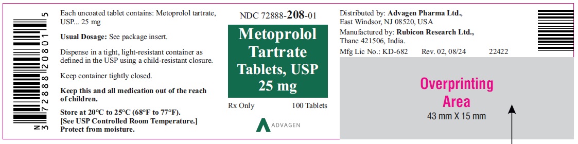 Metoprolol Tartrate Tablets, USP 25 mg - NDC 72888-208-01 - 100s Bottle Label