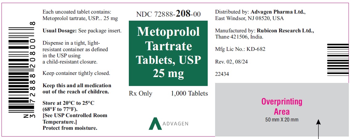 Metoprolol Tartrate Tablets, USP 25 mg - NDC 72888-208-00 - 1000s Bottle Label