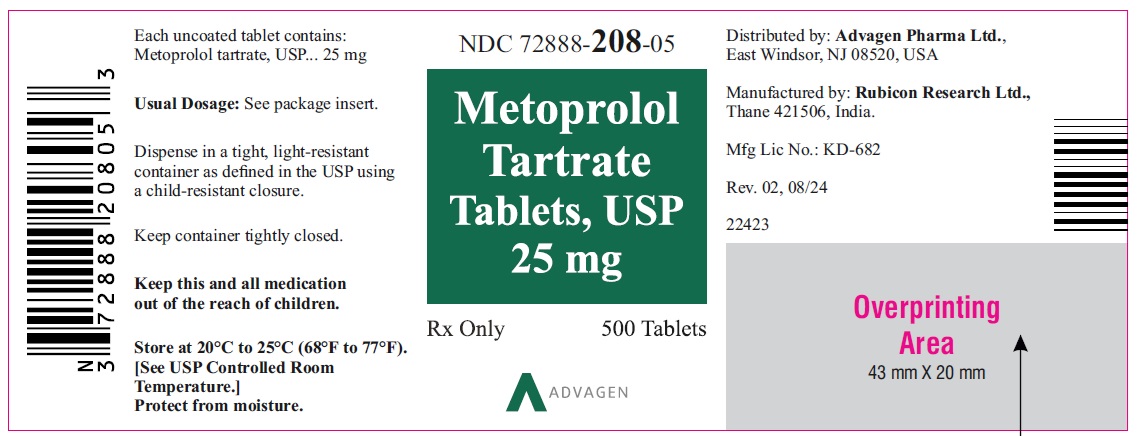 Metoprolol Tartrate Tablets, USP 25 mg - NDC 72888-208-05 - 500s Bottle Label