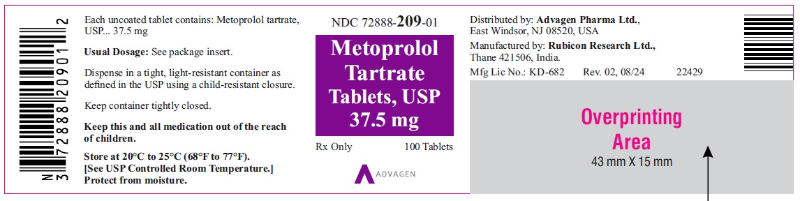 Metoprolol Tartrate Tablets, USP 37.5 mg - NDC 72888-209-01 - 100s Bottle Label