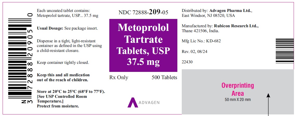 Metoprolol Tartrate Tablets, USP 37.5 mg - NDC 72888-209-05 - 500s Bottle Label