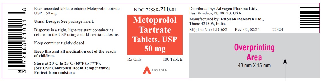 Metoprolol Tartrate Tablets, USP 50 mg - NDC 72888-210-01 - 100s Bottle Label