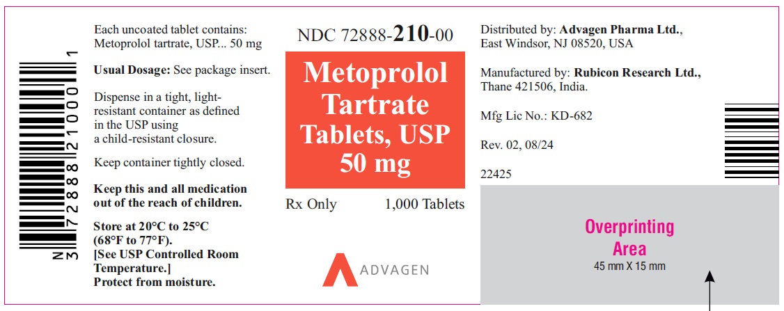 Metoprolol Tartrate Tablets, USP 50 mg - NDC 72888-210-00 - 1000s Bottle Label