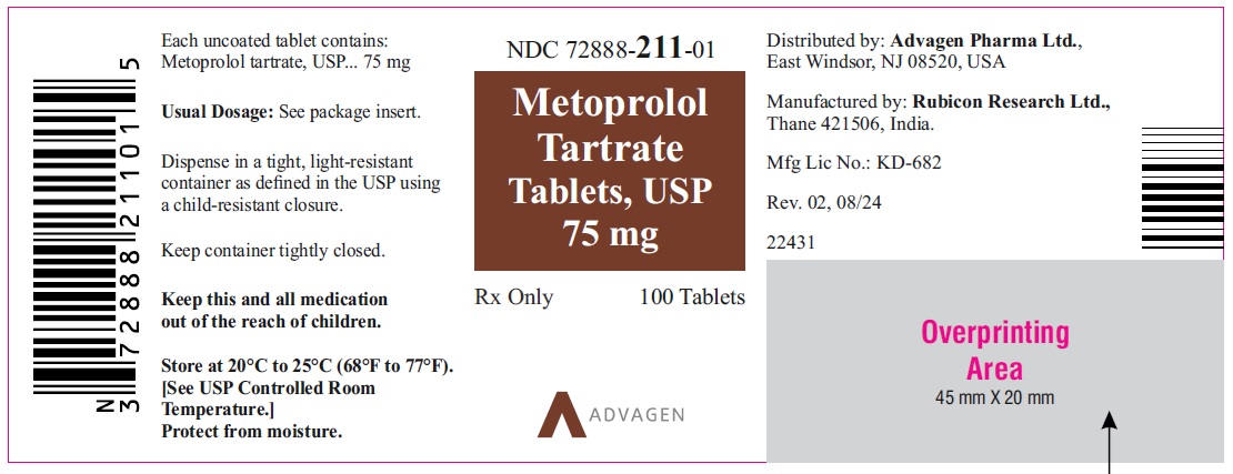 Metoprolol Tartrate Tablets, USP 75 mg - NDC 72888-211-01 - 100s Bottle Label