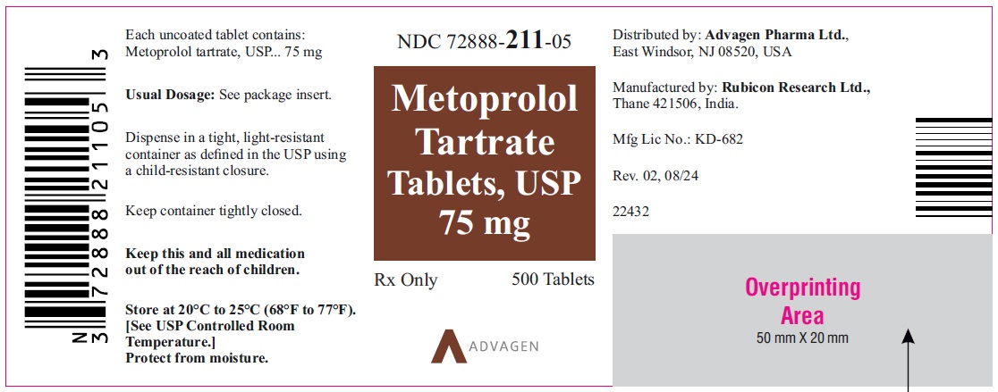 Metoprolol Tartrate Tablets, USP 75 mg - NDC 72888-211-05 - 500s Bottle Label