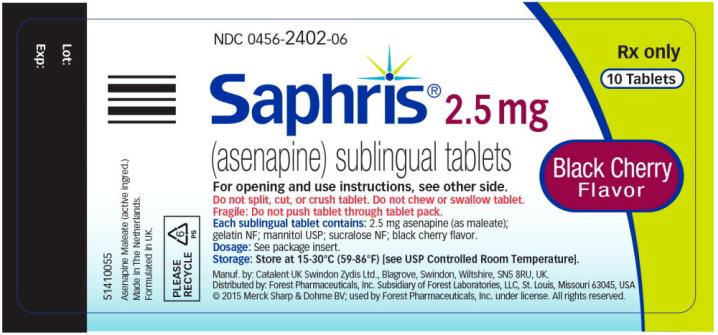 PRINCIPAL DISPLAY PANEL
NDC 0456-2402-06
Rx only
10 Tablets
Saphris® 2.5 mg
(asenapine) sublingual tablets
For opening and use instructions, see other side.
Black Cherry Flavor

