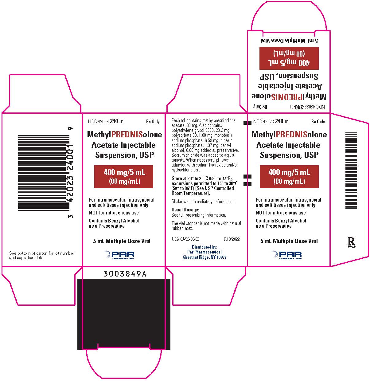 This is an image of Methylprednisolone Acetate Injectable Suspension, USP 400 mg/5 mL (80 mg/mL) Vial Carton.