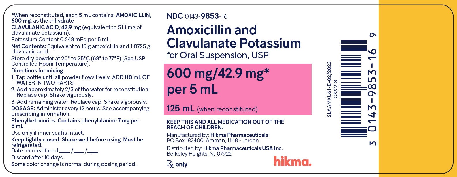 Amoxicillin and Clavulanate Potassium for Oral Suspension USP, 600 mg/42.9 mg per 5 mL (125 mL) bottle label image