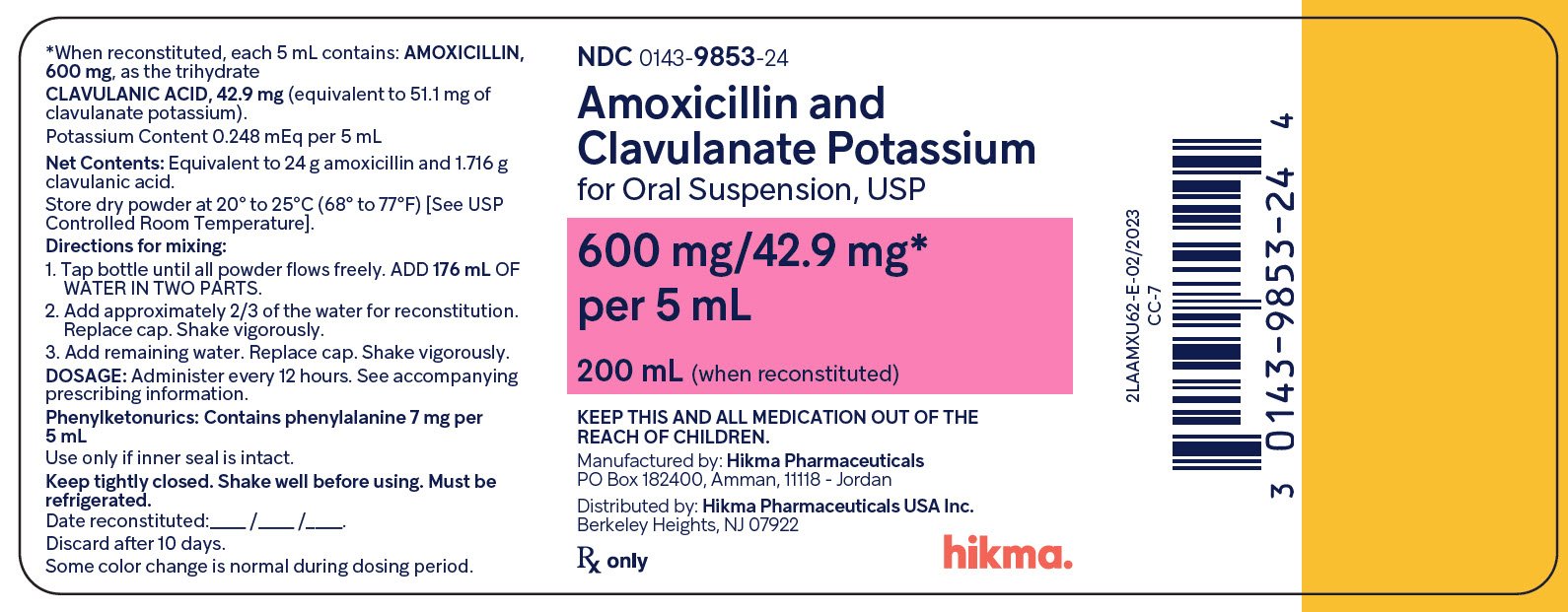 Amoxicillin and Clavulanate Potassium for Oral Suspension USP, 600 mg/42.9 mg per 5 mL (200 mL) bottle label image
