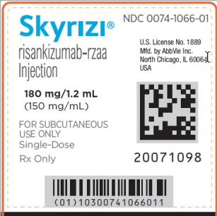 NDC 0074-1065-01 
1 x 1.2 mL Prefilled Cartridge
1 On-Body Injector
Skyrizi®
risankizumab-rzaa Injection 
(180 mg/1.2 mL)
150 mg/mL
FOR SUBCUTANEOUS USE ONLY 
Single Dose
SKYRIZI.com
Rx only
abbvie

